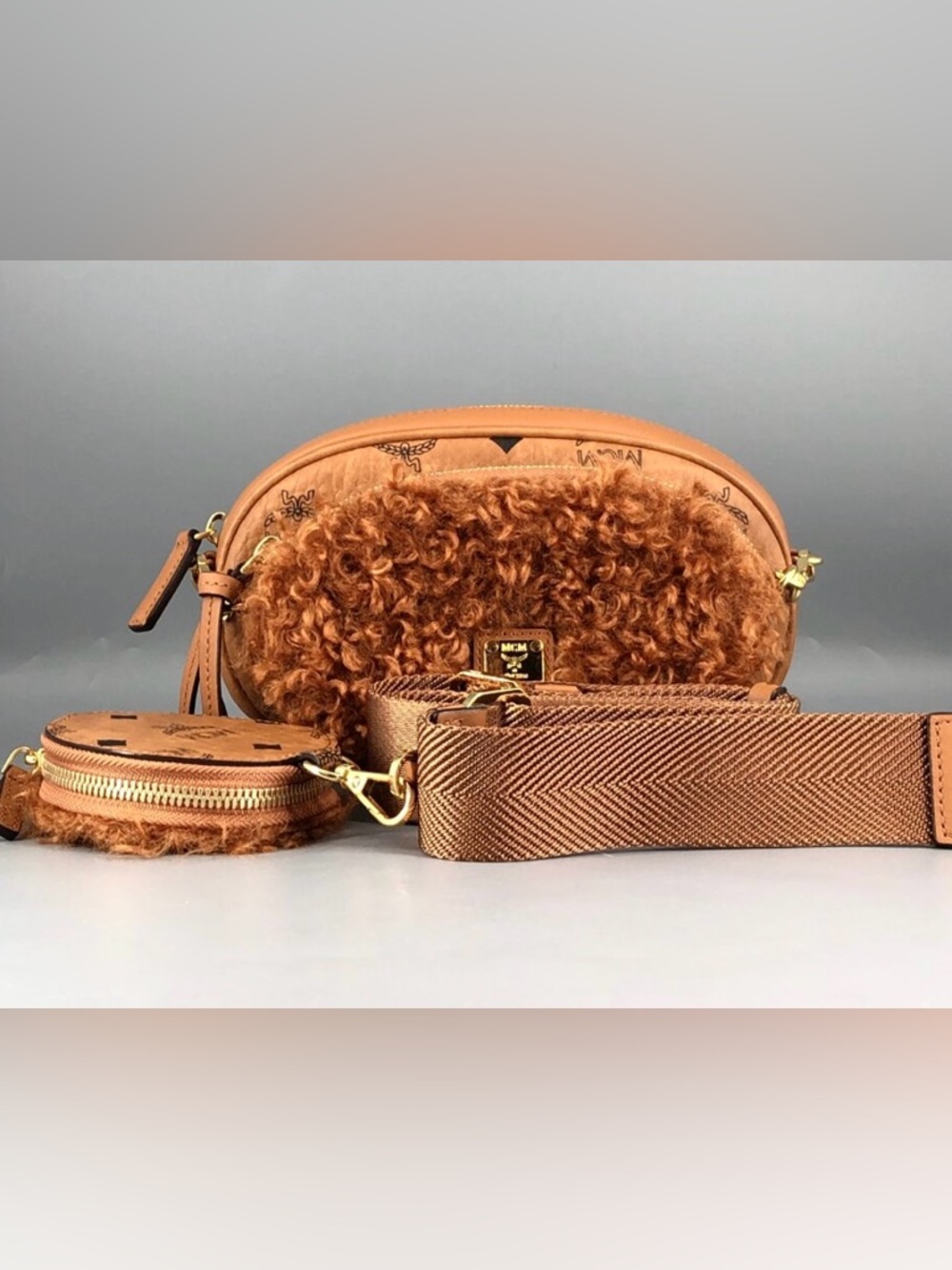 MCM VISETOS SHEARLING TRIM 3 pc Oval Crossbody Camera Bag